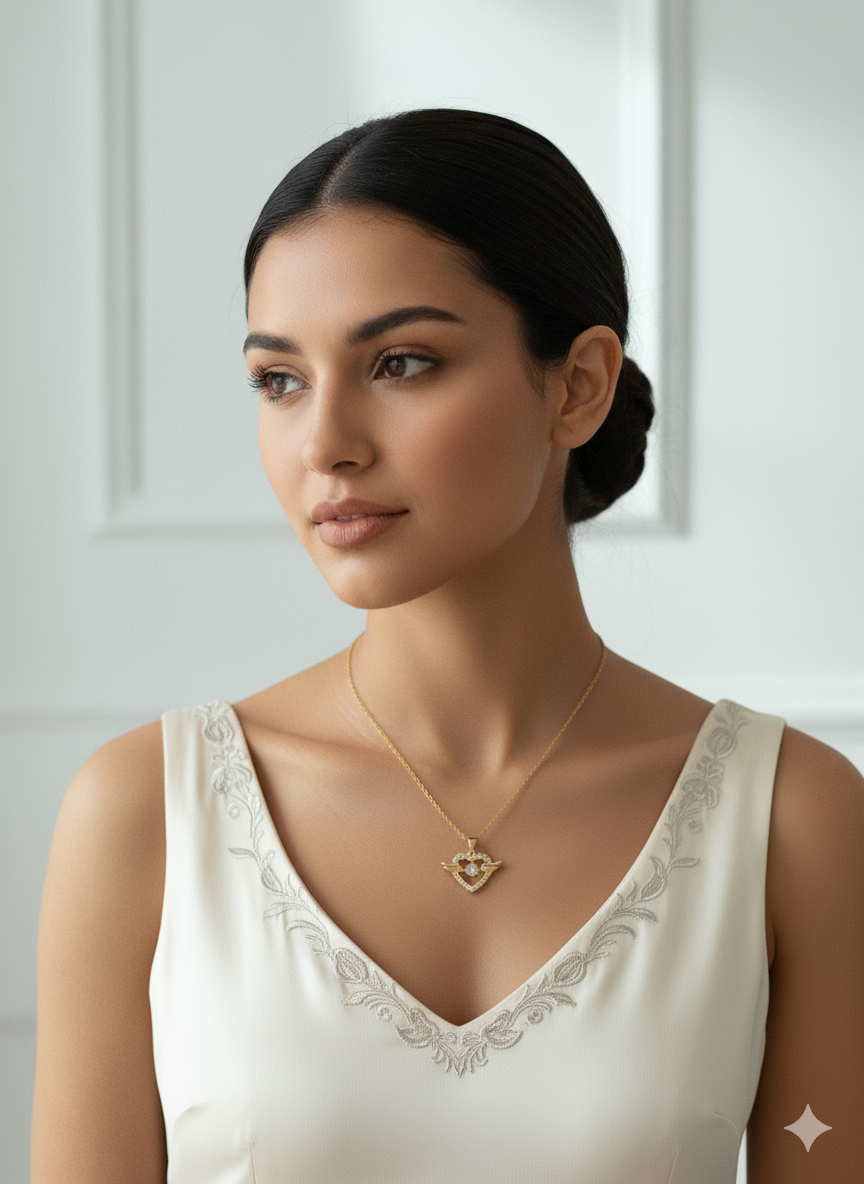 Angel Wings Heart Solitaire Pendant / Gold Plated