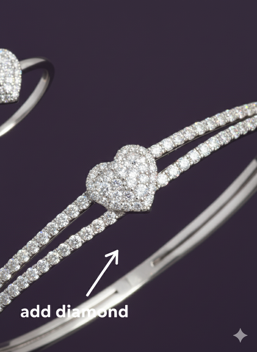 Zircon Studded Heart Shaped Ring And Bracelet. Silver Rhodium Plated.