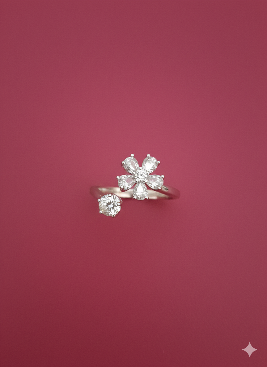 Crystal flower Ring Silver Rhodium Plated with Zirconia Diamond