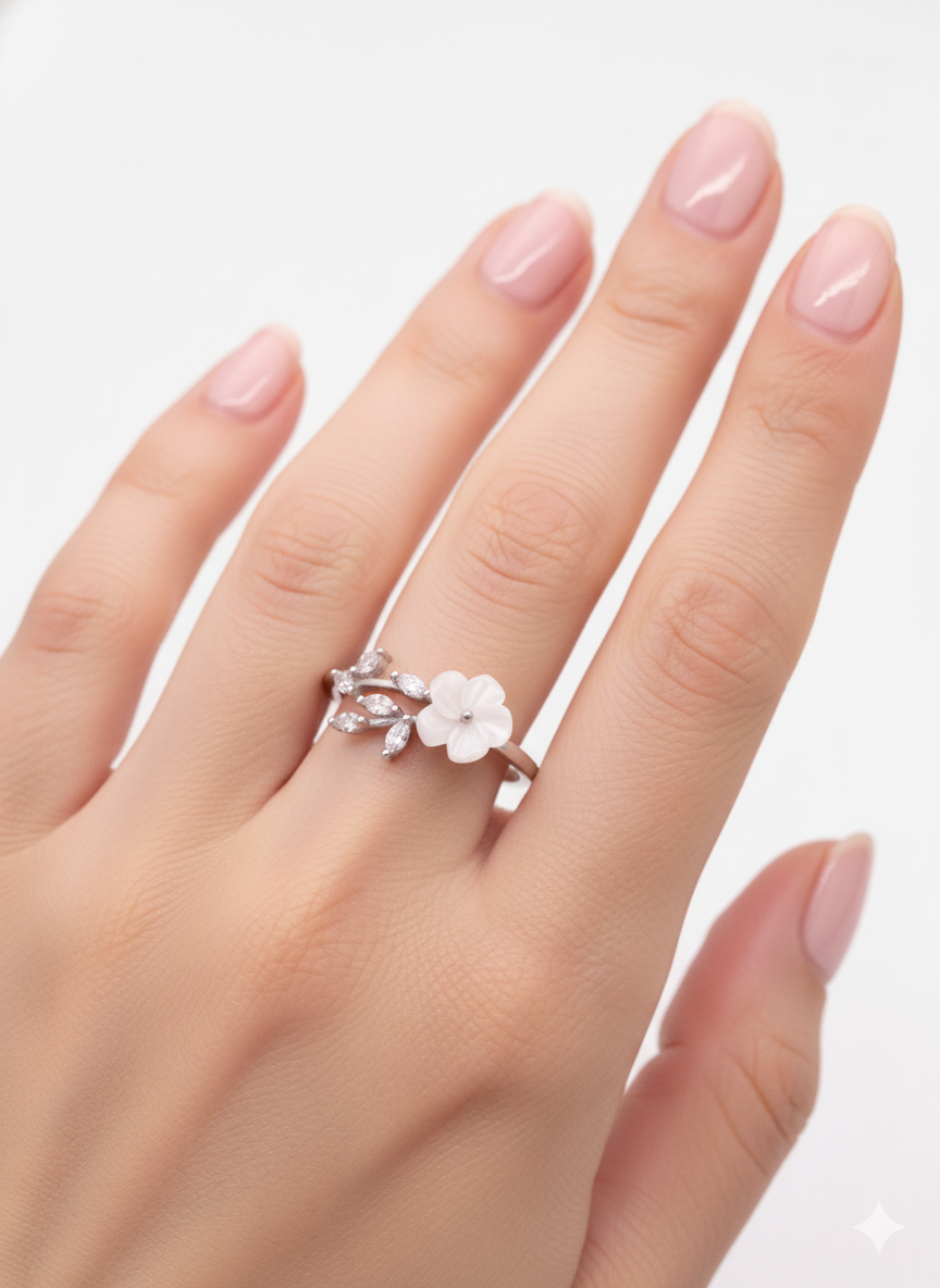 Crystal flower Ring Silver Rhodium Plated with Zirconia Diamond