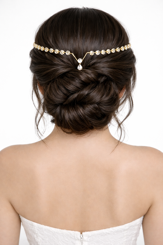 Pearl Crystal Chain Hair Crown with Teardrop Pendant