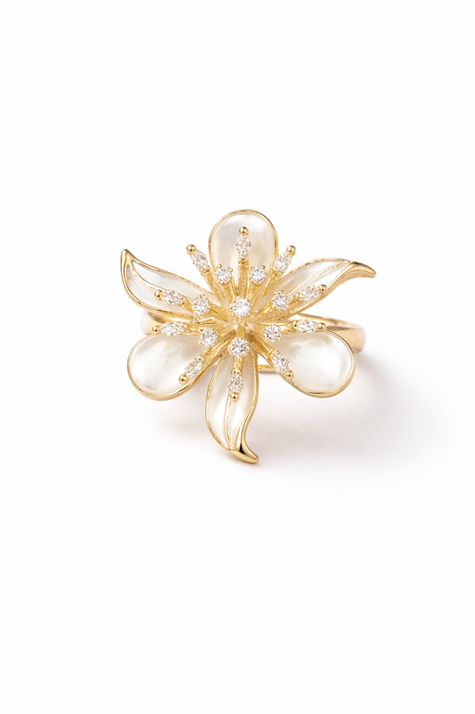 Ivory Petal Pearl Cluster Gold Ring
