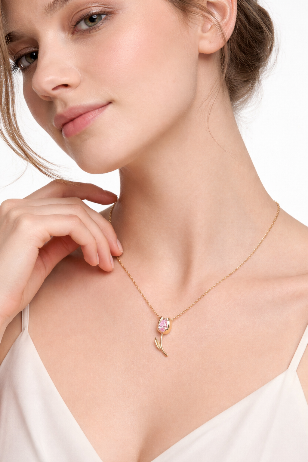 Pink Tulip Blossom Gold Necklace