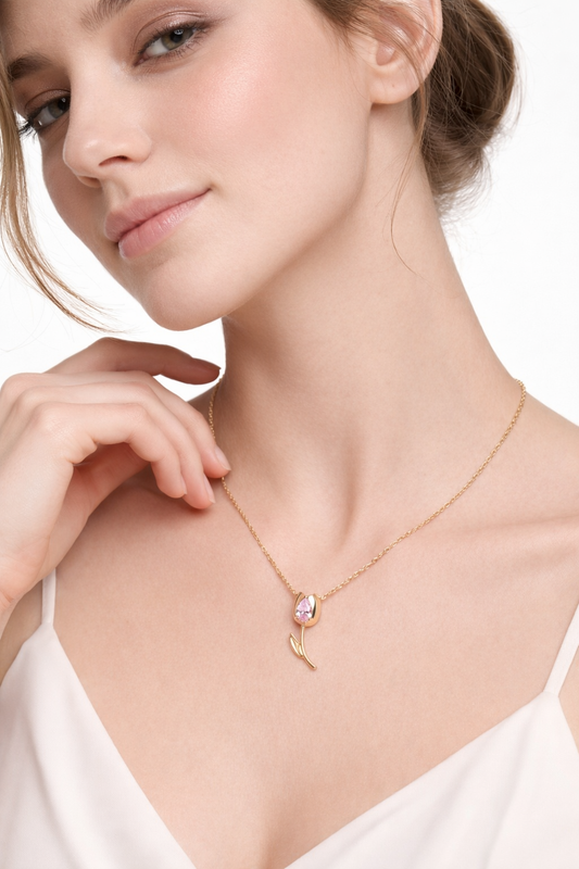 Pink Tulip Blossom Gold Necklace