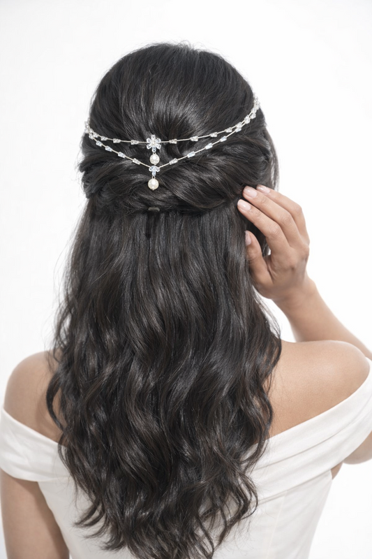 Double Strand Crystal Hair Crown with Cascading Pendants