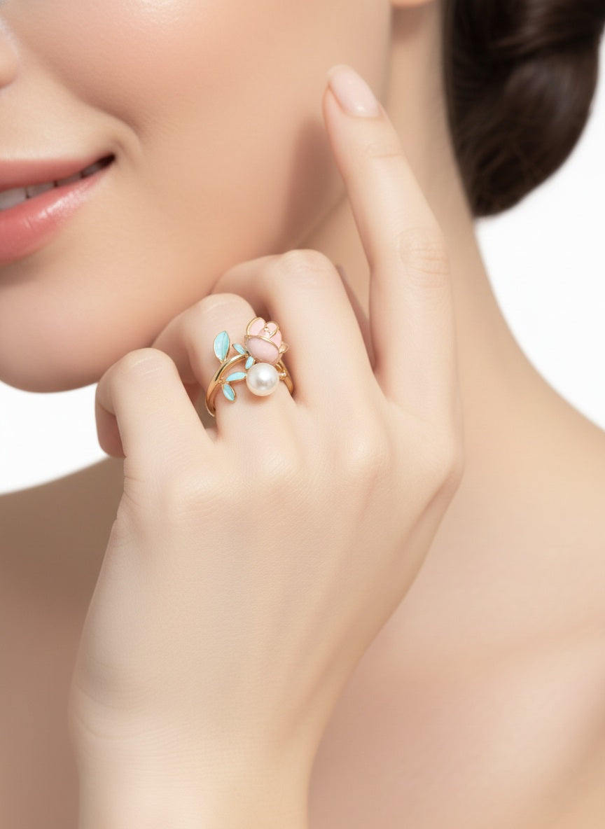 Floral Enamel Ring 18K Gold Plated