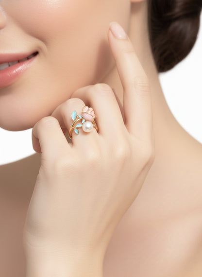 Floral Enamel Ring 18K Gold Plated