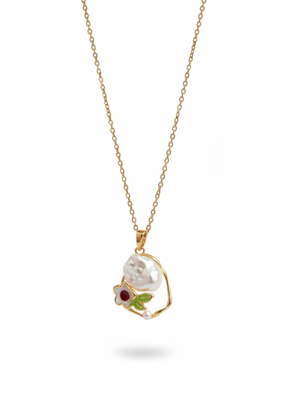 Baroque Pearl Enamel Pendant. Gold Plated