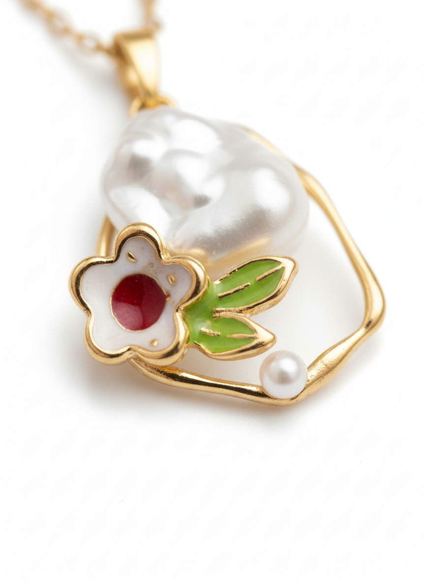 Baroque Pearl Enamel Pendant. Gold Plated