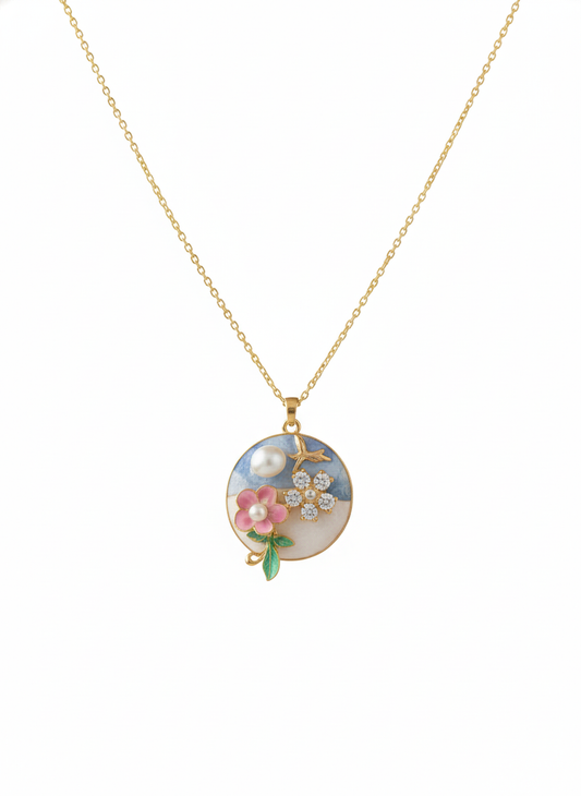 Enamel Floral Pendant  Gold Plated