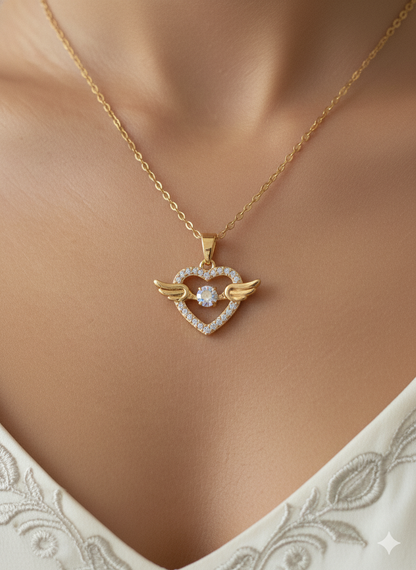 Angel Wings Heart Solitaire Pendant  / Gold Plated