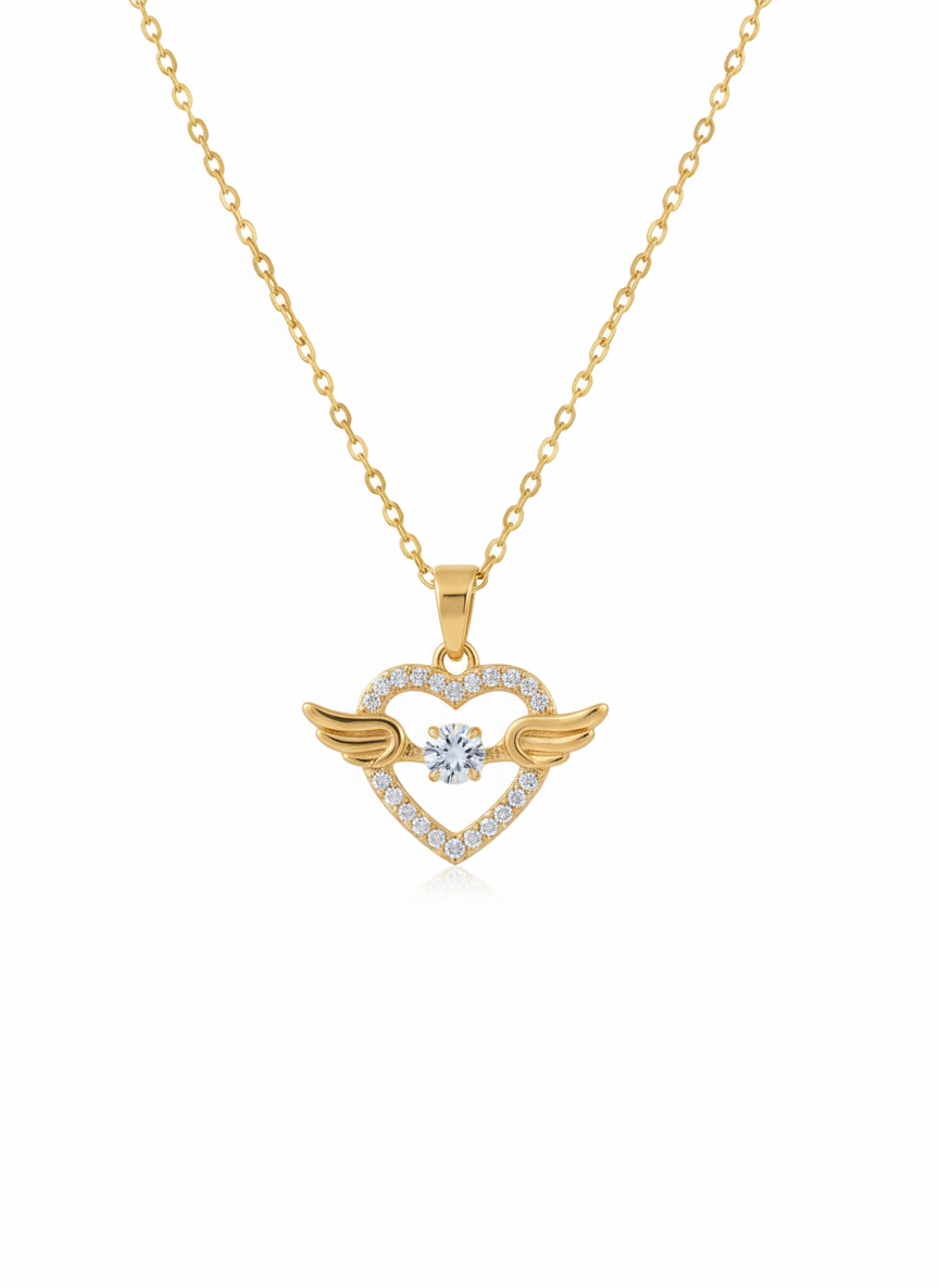 Angel Wings Heart Solitaire Pendant  / Gold Plated