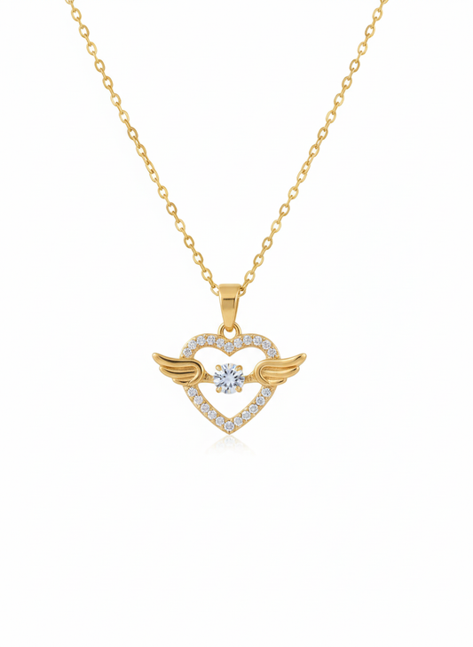Angel Wings Heart Solitaire Pendant  / Gold Plated