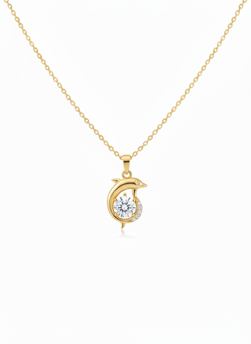 Dolphin & Crescent Moon Pendant  / Gold Plated