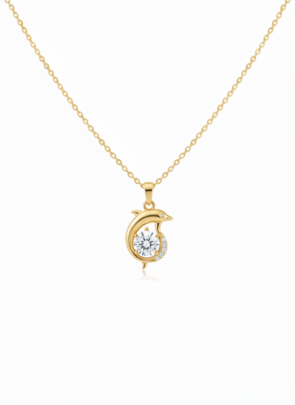 Dolphin & Crescent Moon Pendant  / Gold Plated