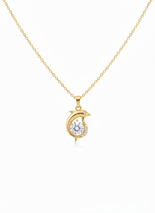 Dolphin & Crescent Moon Pendant  / Gold Plated