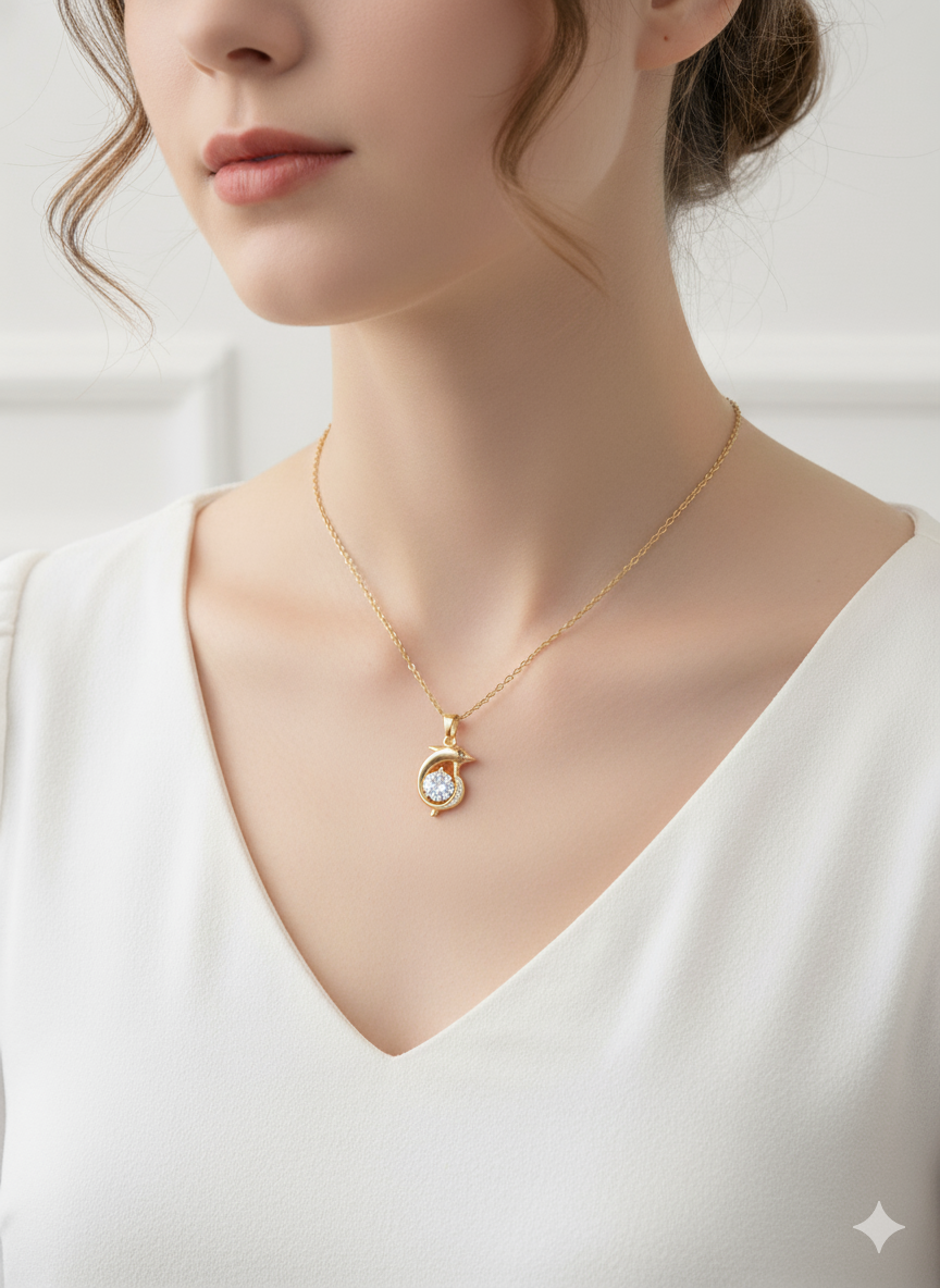 Dolphin & Crescent Moon Pendant  / Gold Plated
