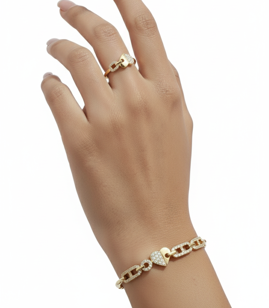 Golden Heart Link Set with 18k Gold Plated Zirconia Diamond.