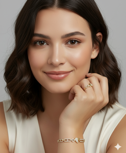 Pave Heart Link Chain Bracelet and Ring Set Gold Plated