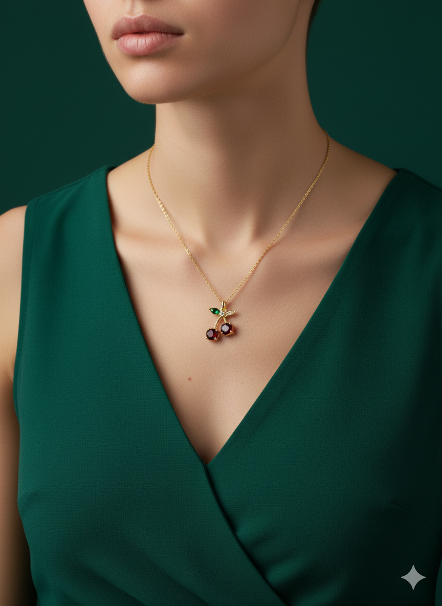 Cherry Kiss Necklace 18K Gold Plated.
