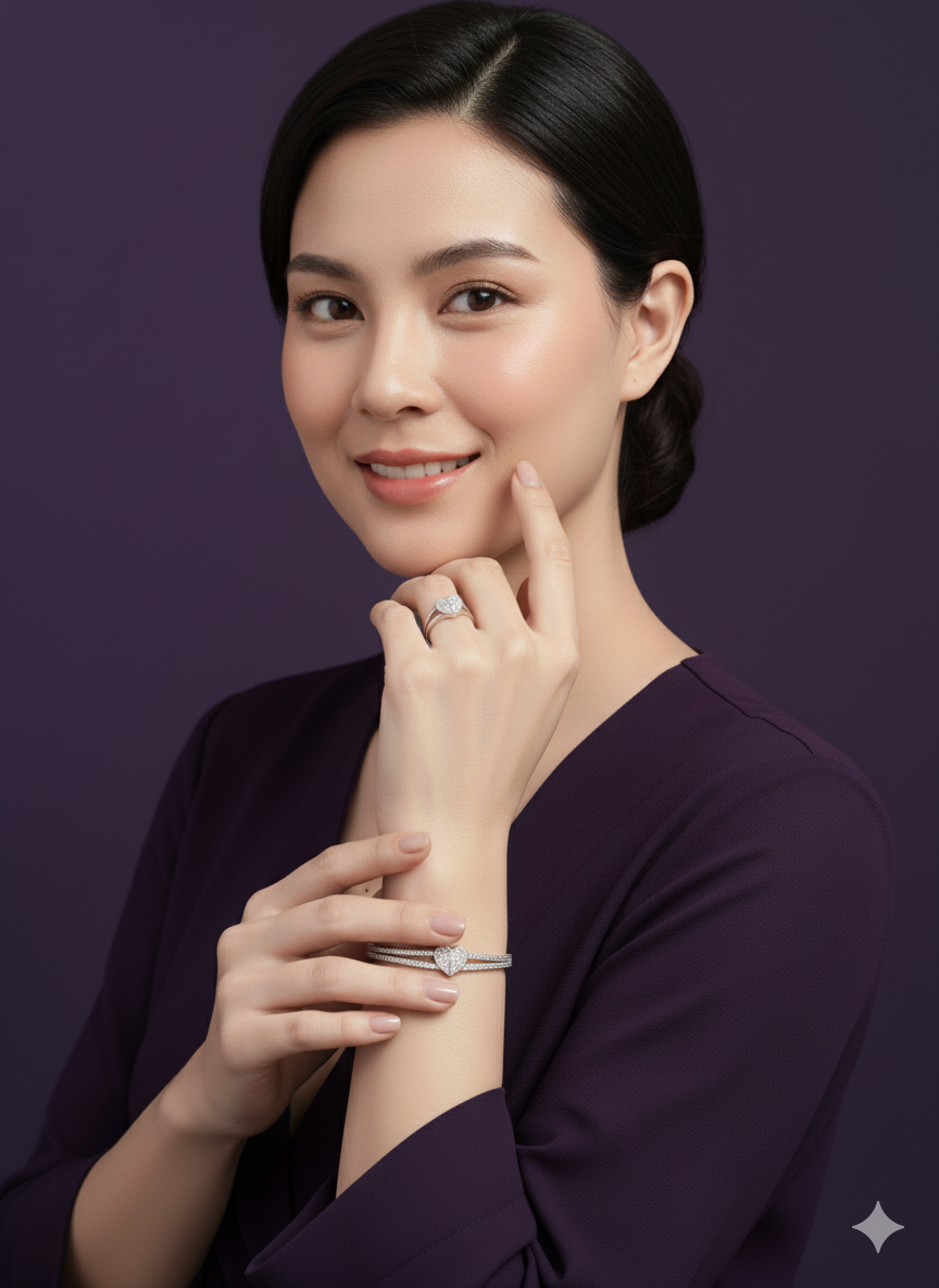 Zircon Studded Heart Shaped Ring And Bracelet. Silver Rhodium Plated.