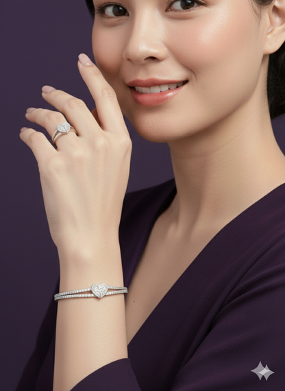 Zircon Studded Heart Shaped Ring And Bracelet. Silver Rhodium Plated.