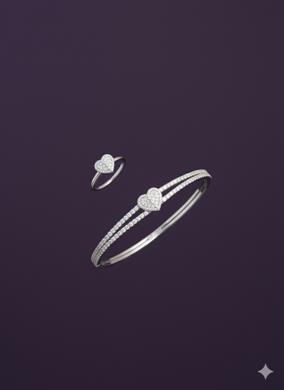 Zircon Studded Heart Shaped Ring And Bracelet. Silver Rhodium Plated.