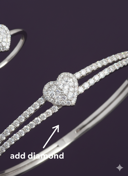 Zircon Studded Heart Shaped Ring And Bracelet. Silver Rhodium Plated.