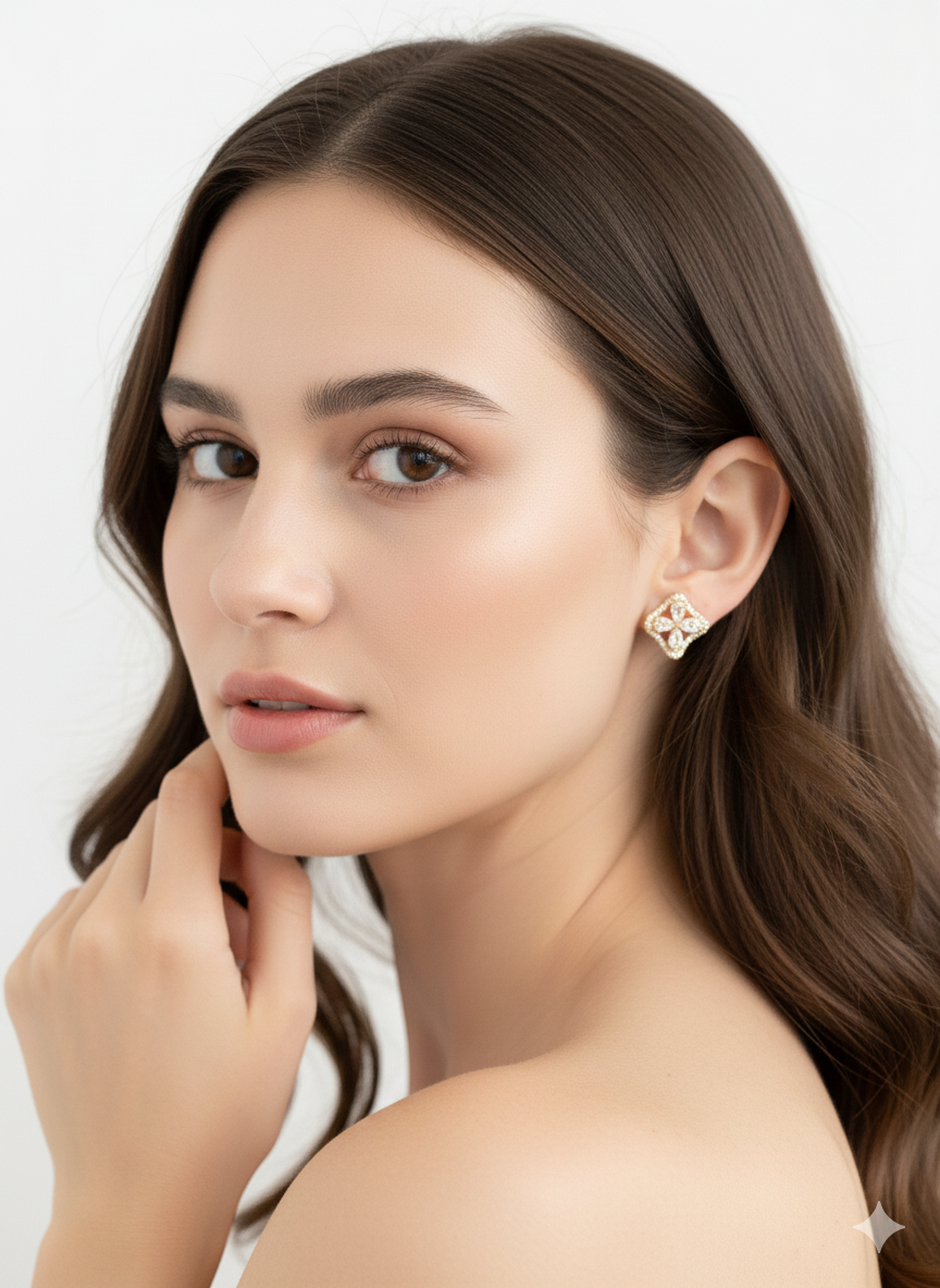 imperial Petal Diamond Studs 18k Gold Plated.