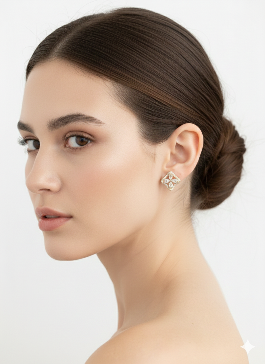 imperial Petal Diamond Studs 18k Gold Plated.