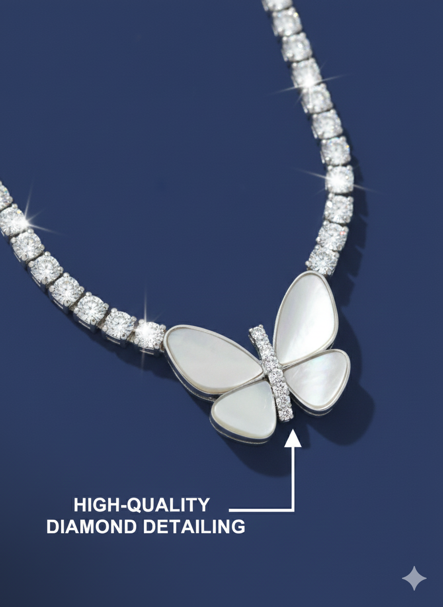 Crystal Butterfly Necklace Silver Rhodium Plated