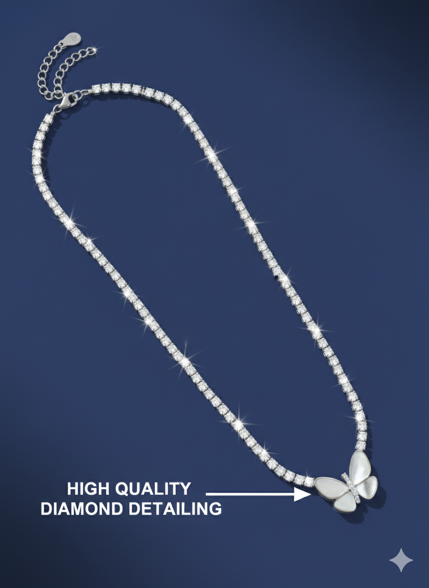 Crystal Butterfly Necklace Silver Rhodium Plated