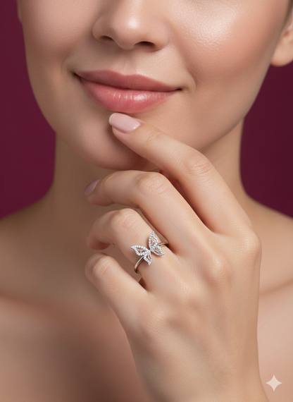 Butterfly Ring Silver Rhodium Plated with Zirconia Diamond