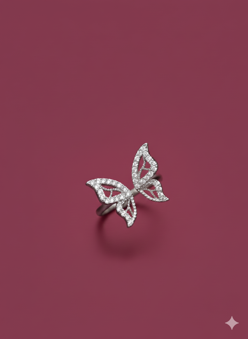 Butterfly Ring Silver Rhodium Plated with Zirconia Diamond