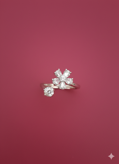 Crystal flower Ring Silver Rhodium Plated with Zirconia Diamond