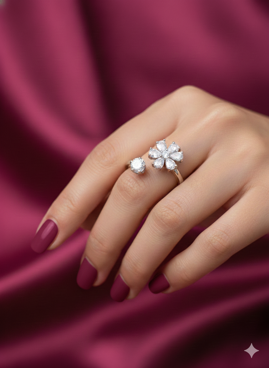 Crystal flower Ring Silver Rhodium Plated with Zirconia Diamond