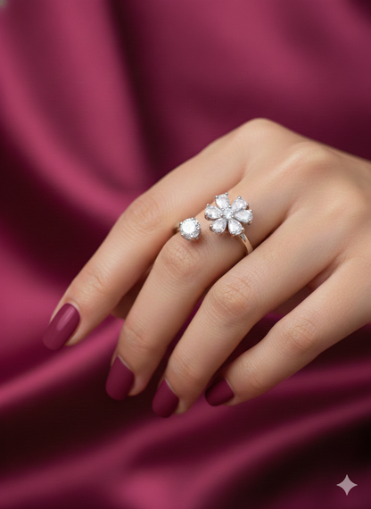 Crystal flower Ring Silver Rhodium Plated with Zirconia Diamond