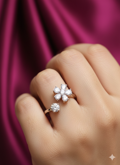 Crystal flower Ring Silver Rhodium Plated with Zirconia Diamond