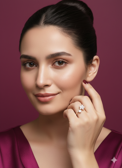 Crystal flower Ring Silver Rhodium Plated with Zirconia Diamond
