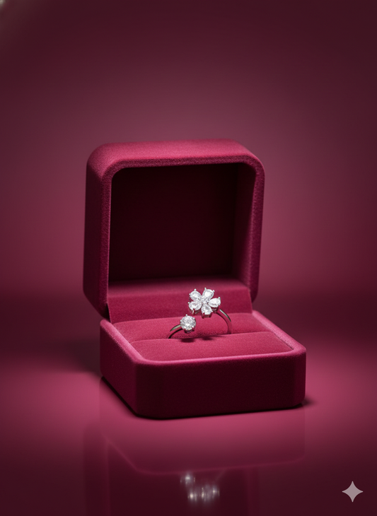 Crystal flower Ring Silver Rhodium Plated with Zirconia Diamond