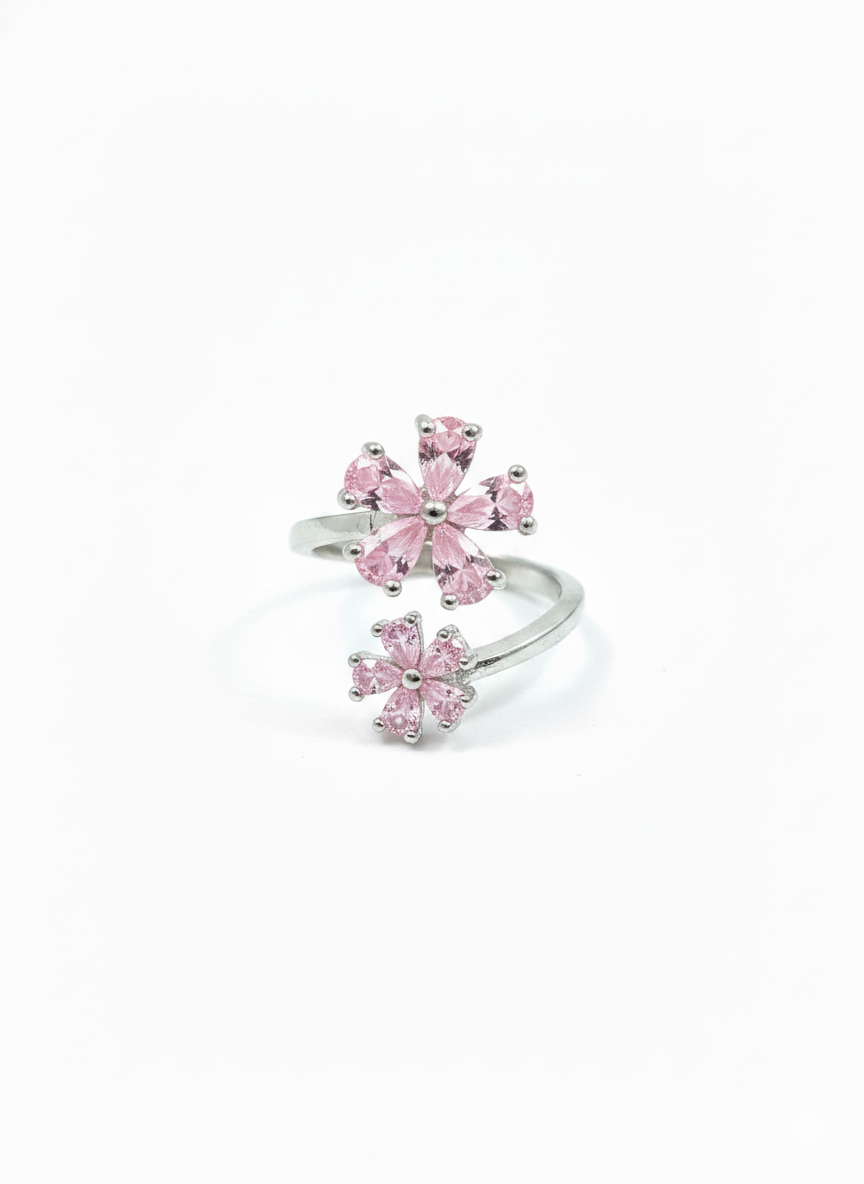 Twin Flower Ring Silver Rhodium Plated with Zirconia Diamond