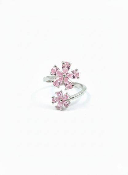 Twin Flower Ring Silver Rhodium Plated with Zirconia Diamond