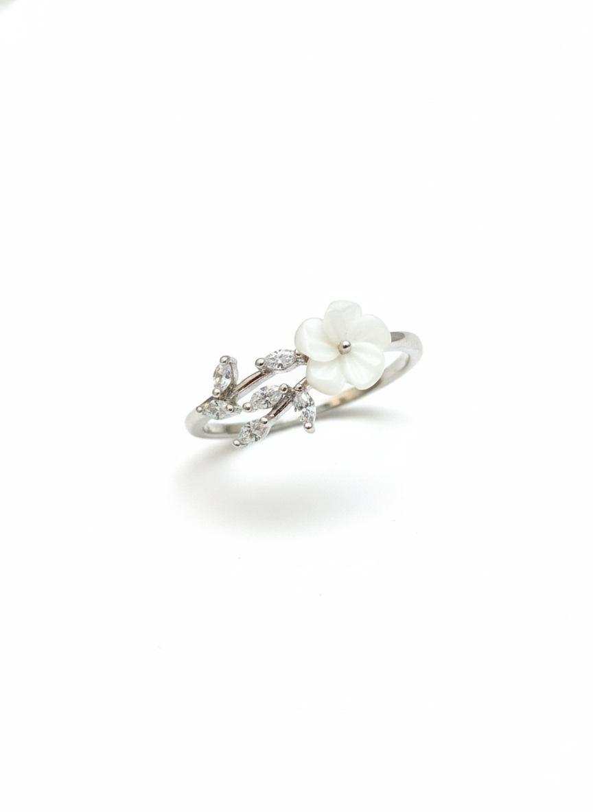 Crystal flower Ring Silver Rhodium Plated with Zirconia Diamond