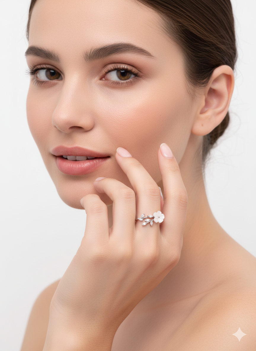 Crystal flower Ring Silver Rhodium Plated with Zirconia Diamond