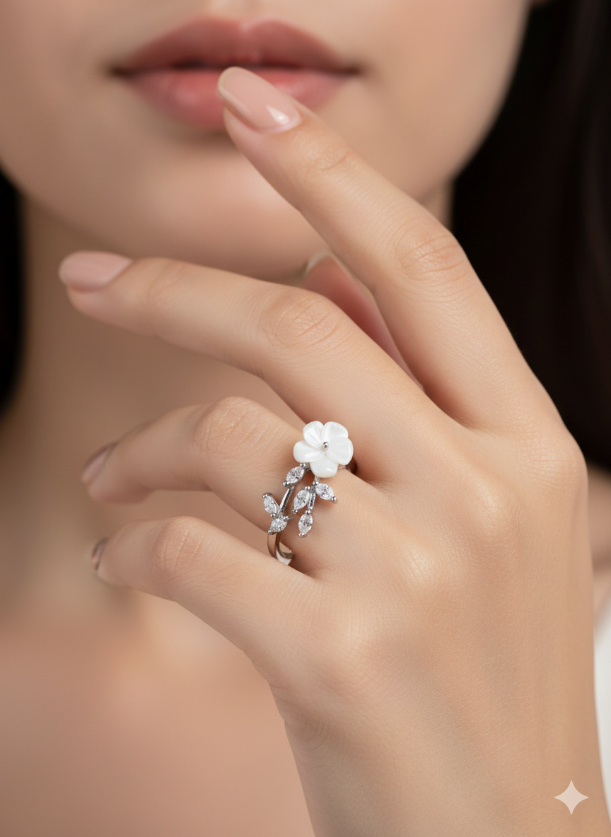 Crystal flower Ring Silver Rhodium Plated with Zirconia Diamond