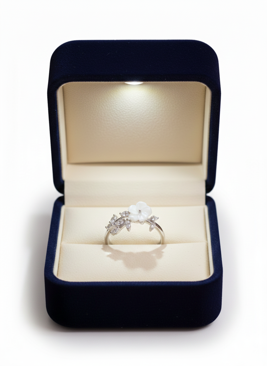 Crystal flower Ring Silver Rhodium Plated with Zirconia Diamond
