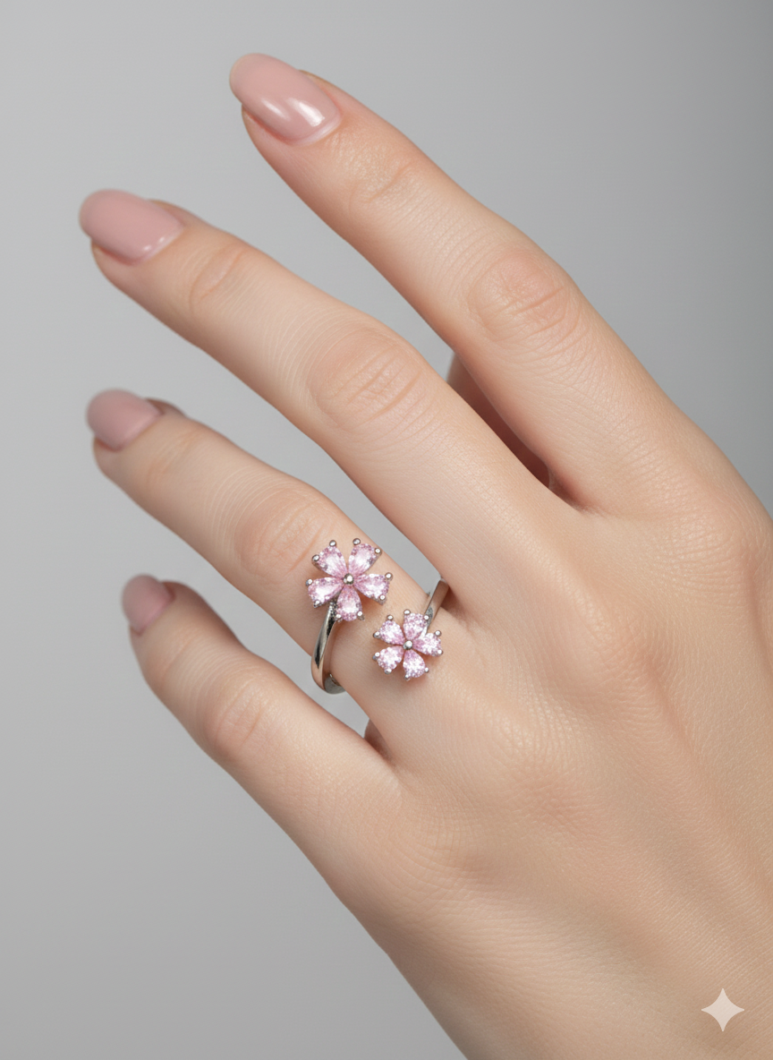 Twin Flower Ring Silver Rhodium Plated with Zirconia Diamond