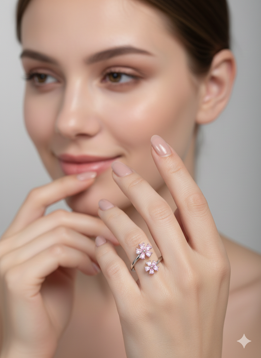 Twin Flower Ring Silver Rhodium Plated with Zirconia Diamond