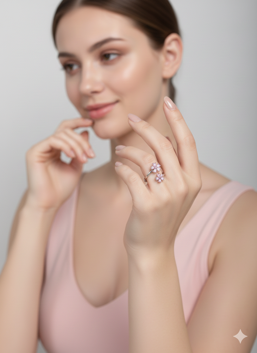 Twin Flower Ring Silver Rhodium Plated with Zirconia Diamond