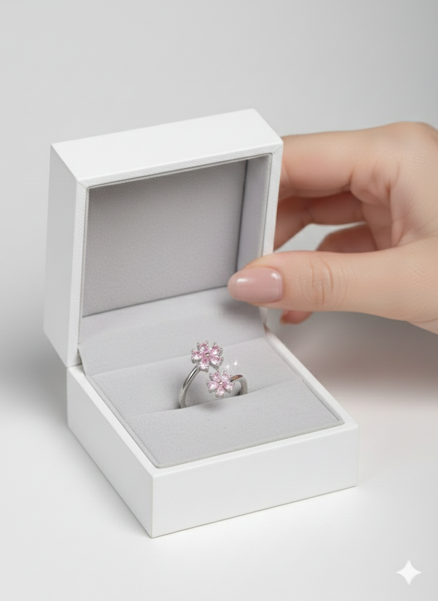 Twin Flower Ring Silver Rhodium Plated with Zirconia Diamond